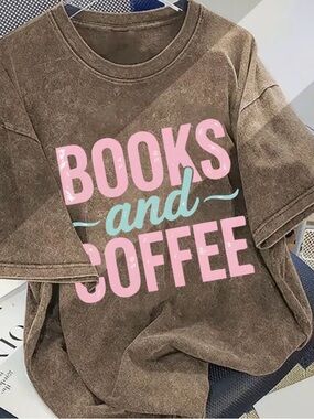Kids 'Books and Coffee' Brown Graphic Tee - Pink & Blue Print